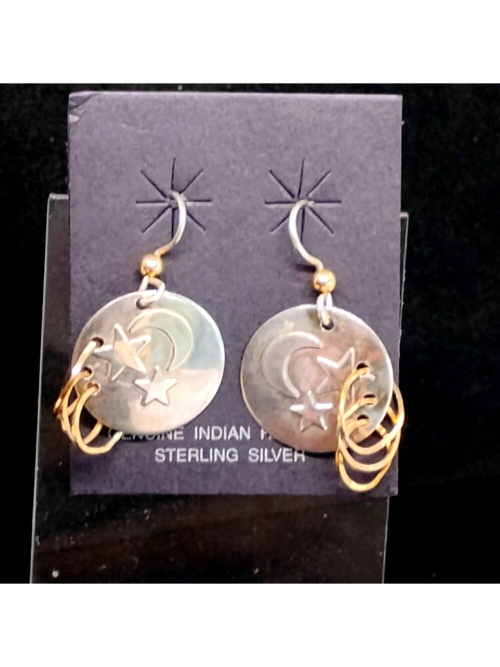 Vtg New Native Indian Handmade Sterling Silver Moon Star Dangle Earrings